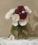 Still life with red and white roses in a glass vase Signed with by Paul Raymond Seaton, Oil on canvas, offered May 2022