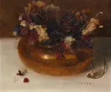 Still life with flowers in a brass pot Signed with initials and by Paul Raymond Seaton, Oil on canvasboard, sold May 2022