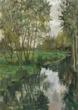 River landscape with fishermen on the far bank Signed and by Doris Lurot Betjeman, Oil on canvas, sold May 2022