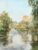 River landscape with a swan and figures boating Signed by Doris Lurot Betjeman, Oil on board, offered May 2022