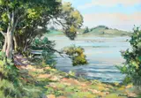 River landscape with a boat by the bank Signed Corteel by André Corteel, Oil on canvas, sold May 2022