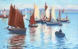 Fishing boats in a harbour Signed E Bouille by Étienne Bouillé, Oil on board, sold May 2022