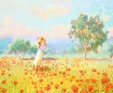 French landscape with a woman standing in a poppyfield Signed C P by Claude Fossoux, Oil on canvas, sold May 2022