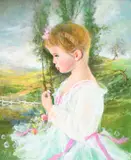 Young girl standing in a field holding a daisy Signed Armando by Armando Gentilini, Oil on canvas, sold May 2022