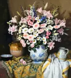Still life with flowers in a blue and white pot by Patricia Moran, Oil on canvas, sold May 2022