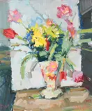 Still life with flowers in a vase Signed with initials DM by Donald McKinlay, Oil on canvas, sold May 2022