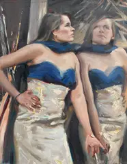 Portrait of a lady wearing a blue scarf by Howard Morgan, Oil on canvas, sold May 2022