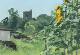 Sunflowers in the allotments Signed C by Christopher Miers, Oil on board, sold May 2022