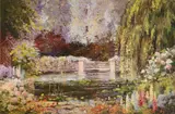 View of a garden pond with steps and a weeping willow Signed by Alan Bengall Charlton, Oil on board, sold May 2022