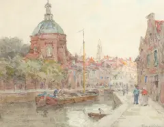 Figures by a canal by Terrick Williams, Watercolour heightened with bodycolour, sold May 2022