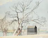 Landscape with a hut underneath an ash tree Signed Averil Burleigh by Averil Burleigh, Pencil and watercolour, offered May 2022