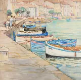 Fishing boats in a Mediterranean harbour Signed JEKA KEMP by Jeka Kemp, Watercolour, sold May 2022