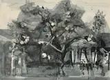 Apple trees in the garden by Alan Reynolds, Pen and ink, and watercolour, sold May 2022
