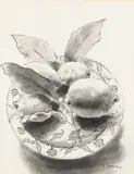 Still life with lemons on a charger Signed Truex by Day Van Truex, Pen and ink, and grey wash, sold May 2022