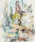 Indigenous family by a campfire Signed SARoss by Susan Ross, Pen and watercolour, sold May 2022