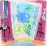 View through an open doorway to the beach by Nicholas Hely Hutchinson, Gouache, sold May 2022