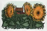 Sunflowers and Cottage Signed by Robert Tavener, Linocut, sold May 2022