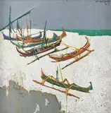 Boats on a shore Oil by Roedyat Martadiredja, Oil on canvas, sold Mar 2022