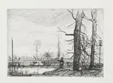 Standing Man by a River by Bernard Leach, etching on paper, offered Mar 2022