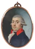 Portrait miniature of a gentleman wearing a blue coat with red by Leonardus Temminck, oil, sold Mar 2022