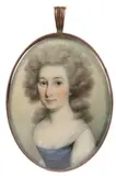 Portrait miniature of a lady wearing a blue and white dress by Thomas Hazlehurst, oil, sold Mar 2022