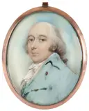 Portrait miniature of a gentleman wearing a blue coat and with powdered by Andrew Plimer, oil, sold Mar 2022