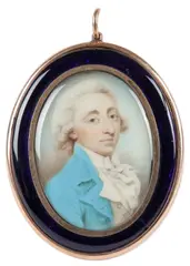 Portrait miniature of a gentleman wearing a turquoise coat by Charles Shirreff, oil, sold Mar 2022