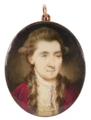 Portrait miniature of a gentleman wearing a fur-lined crimson coat by Ozias Humphry, oil, sold Mar 2022