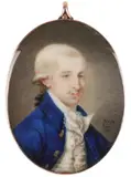 Portrait miniature of a gentleman wearing a blue coat by John Stordy, oil, sold Mar 2022