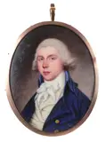 Portrait miniature of a gentleman wearing a blue coat and white by Thomas Peat, oil, sold Mar 2022