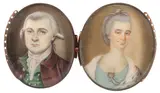 Portrait miniature of a gentleman wearing a brown coat and green by James Jennings, oil, sold Mar 2022