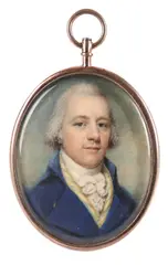 Portrait miniature of a gentleman wearing a blue coat and a yellow by Charles Hayter, oil, sold Mar 2022