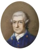 Portrait miniature of a gentleman wearing a blue coat and powdered wig by Andrew Plimer, oil, sold Mar 2022