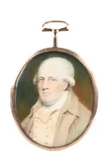 Portrait miniature of a gentleman wearing a brown coat by Charles Shirreff, oil, sold Mar 2022
