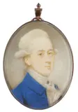 Portrait miniature of a gentleman wearing a blue coat and powdered by Jeremiah Meyer, oil, sold Mar 2022
