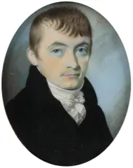 Portrait miniature of a gentleman wearing a black coat and white stock by Thomas Richmond, oil, sold Mar 2022
