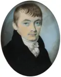 Portrait miniature of a gentleman wearing a black coat and white stock by Thomas Richmond, oil, sold Mar 2022