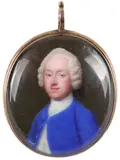 Portrait miniature of a gentleman wearing a blue coat and white by Jean André Rouquet, oil, sold Mar 2022