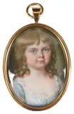 Portrait miniature of a young girl wearing a blue dress and with by James Scouler, oil, sold Mar 2022