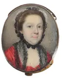 Portrait miniature of a lady wearing a red dress and black lace by James Reily, oil, sold Mar 2022