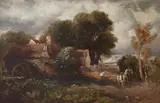Landscape with two horses fording a river near a mill Signed and dated David by David Cox, Oil on canvas, offered Mar 2022