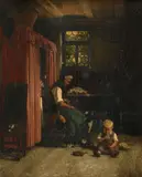 Interior with an old lady spinning wool and a child Signed and by Franz Meyerheim, Oil on canvas, sold Mar 2022