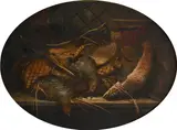 Fish and birds on larder shelf Signed and dated H L Rolfe 1856 by Henry Leonidas Rolfe, Oil on canvas in a painted oval, sold Mar 2022