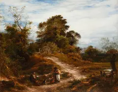 Figures conversing on a country path Signed j linnell by John Linnell, Oil on canvas, sold Mar 2022