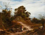 Figures conversing on a country path Signed j linnell by John Linnell, Oil on canvas, sold Mar 2022