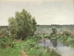 River landscape with a fisherman Signed A by Adrien Jacques Sauzay, Oil on canvas, sold Mar 2022