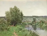 River landscape with a fisherman Signed A by Adrien Jacques Sauzay, Oil on canvas, sold Mar 2022