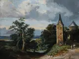 Landscape with figures by a tower and a river in the by Saint-Elme de Champ, Oil on canvas, offered Mar 2022
