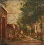 Figures by a wall near a tree lined avenue by Jean Joseph Léon Fauret, Oil on board, sold Mar 2022