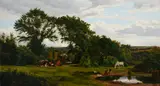 Landscape with a gypsy encampment and a woman doing laundry in a by Francis Michael Trappes, 1875, Oil on canvas, sold Mar 2022